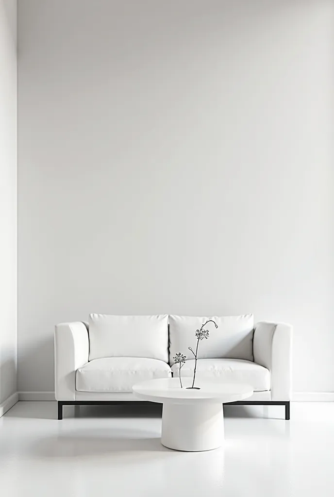 there is a white room with a white couch and a white table, all white render, Black and white scheme, modern minimal design,  black and white matching ,  3d rendering style  , retaildesignblog,  black white style , glossy white, white space around,  white ...