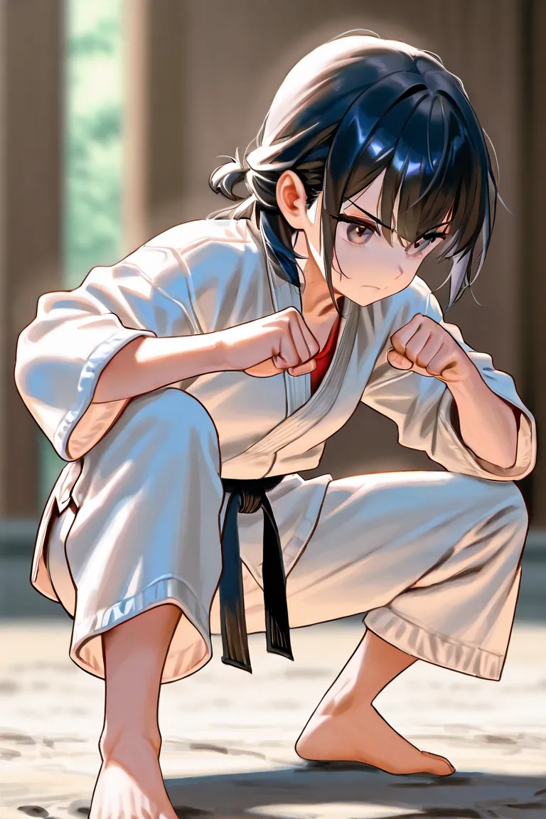 1girl, barefoot, ponytail, clenched_hands, karate_gi, black_hair, dougi, blue_sash, dirty_feet, squatting, asian, blurry, martial_arts_belt