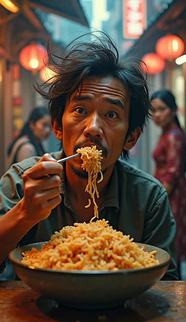 Quirky looking Asian man. Large mole on the face. His hair if messy and totally covers his eyes. He looks up while eating from an overflowing bowl of fried rice. Realistic. Behind him are Asian women in Cheong Sams. Soft focus in the background is a back a...