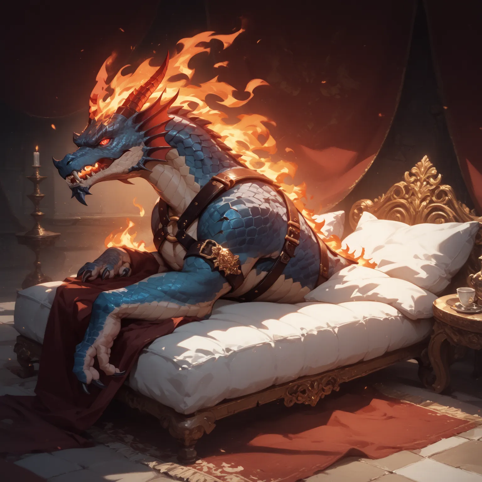 ((Oil painting style, Masterpiece)) feral vampire creature, male, cracked skin, wearing leather harness, wearing loin cloth, casual pose, opal scales covering his skin, red colored eyes, grim expression, square jaw, lounging on pile of pillows on ground, i...