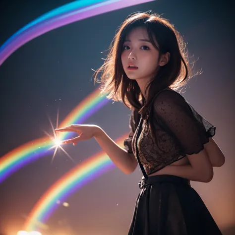 flowing dark haired girl,Silence,fantasy, Techno,The voice of the voice of the,rainbow light background,future.Swaying,front、dream, Dynamic