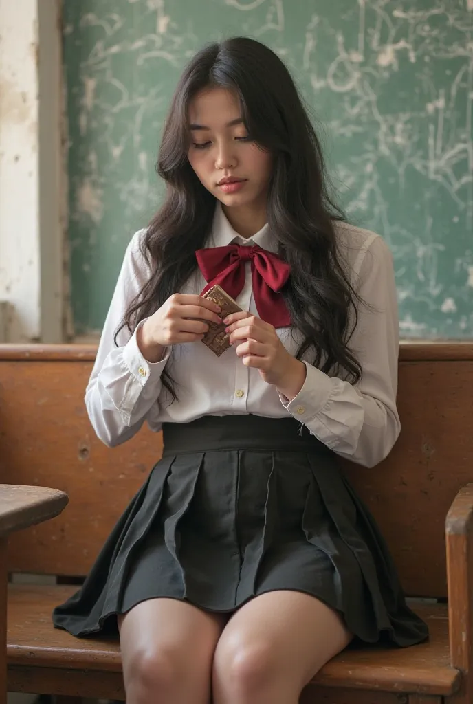 A girl with big boobs and hips on teacher bench in a school uniform putting chocolate inside her pussy in front of her class mam 