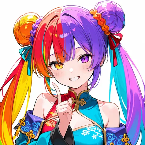 colorful hair leaving shoulders（right hair red or orange　Left hair is blue or purple　bangs etc. are yellow）　twin tails　purple eyes　Chinese clothes　makes me grin　piece by hand