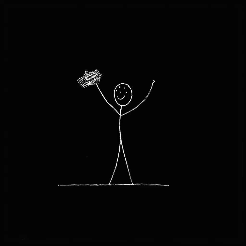 A minimalist stick figure using thin white lines on a plain black background. The stick figure holds a crumpled paper labeled "BUY NOW" in one hand, the other arm extended upward.