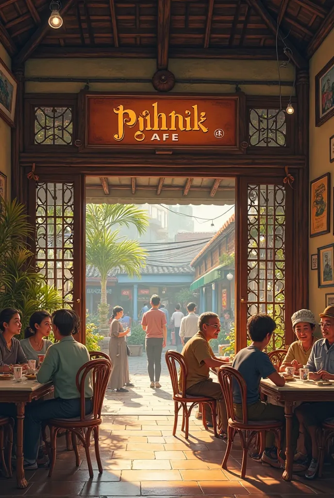 describe the atmosphere of a coffee shop called PIHNIK CAFE in 1950, located in a Malay village.