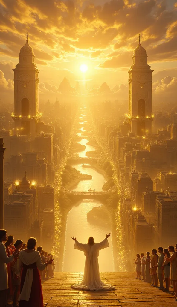 A stunning portrayal of a golden city floating above the clouds—New Jerusalem. The gates shine with brilliant pearls, and angels welcome the faithful as they enter with joy. The streets are paved with gold, and a magnificent river of life flows through the...