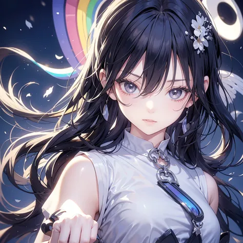 flowing dark haired girl,Silence,fantasy, Techno,The voice of the voice of the,rainbow light background,future.Swaying,front、dream, Dynamic