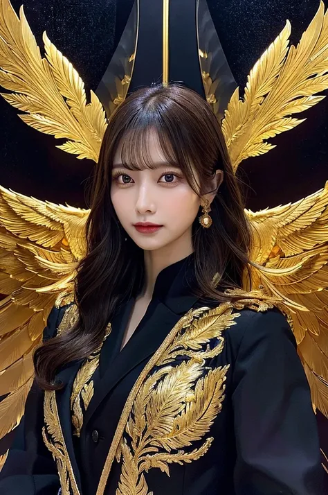 "A highly realistic and detailed portrait of a powerful and elegant woman with a striking dual-wing design, symbolizing the balance between light and darkness. She has long, flowing golden hair, sharp and intense amber eyes, and a confident yet enigmatic e...