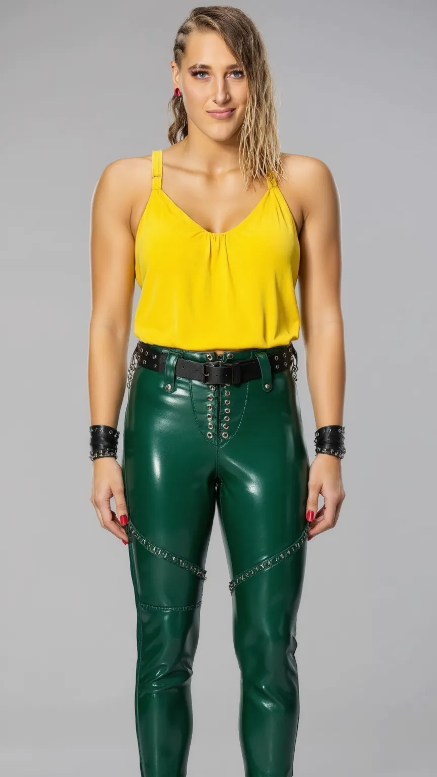 realistic photo, Rhea Ripley . She is tall and bbw, she is 6.3ft tall and weighs 200 lbs. with very generous shapes, she has a very well proportioned physique, very big breast, stocky bust, big round butt, big legs, big hips. Smiling and mocking face witho...