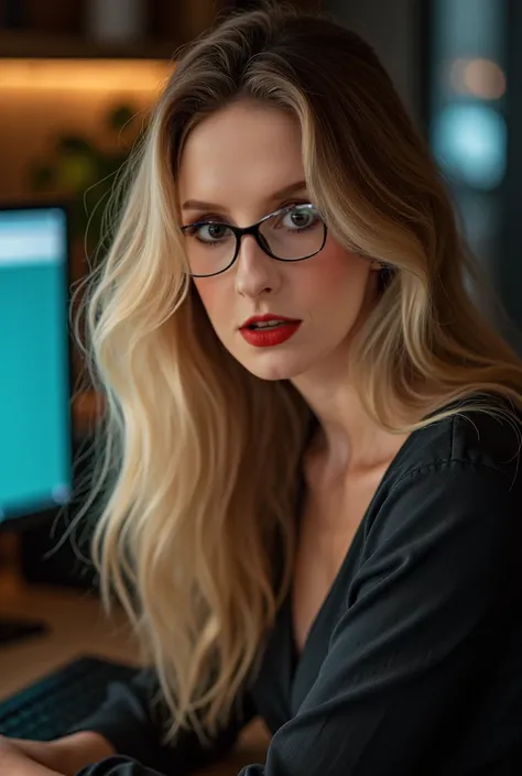 beautiful girl with long blond hair, } detailed eyes, nose, and lips,  computer in professional , sitting in his office, using your computer, HP  (best quality,4K,8 k,high resolution, Masterpiece :1.2),extra detailed,(realistic,photorealistic,photo-realist...