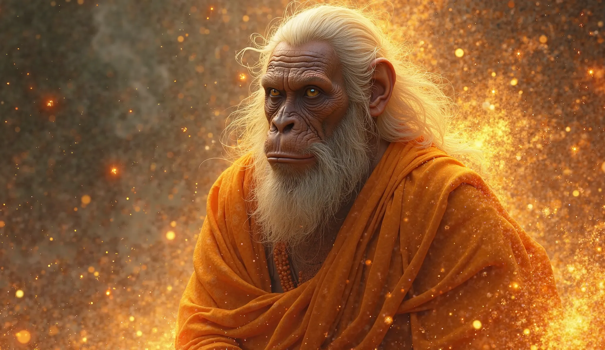 A dramatic moment where a powerful Indian sage (chimpanzee like features, saffron dress) is slowly transforming back into a chimpanzee, his human disguise fading away, as magical sparks fly around."
