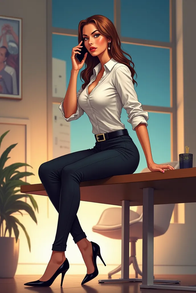 Comic style image of a sexy skinny businesswoman in white skintight shirt tucked in skintight pants and black buckle belt, high heels, shirt sleeves rolled up skinny body, slender body,tall girl, sitting on a table , talking on phone, long brown hair, 