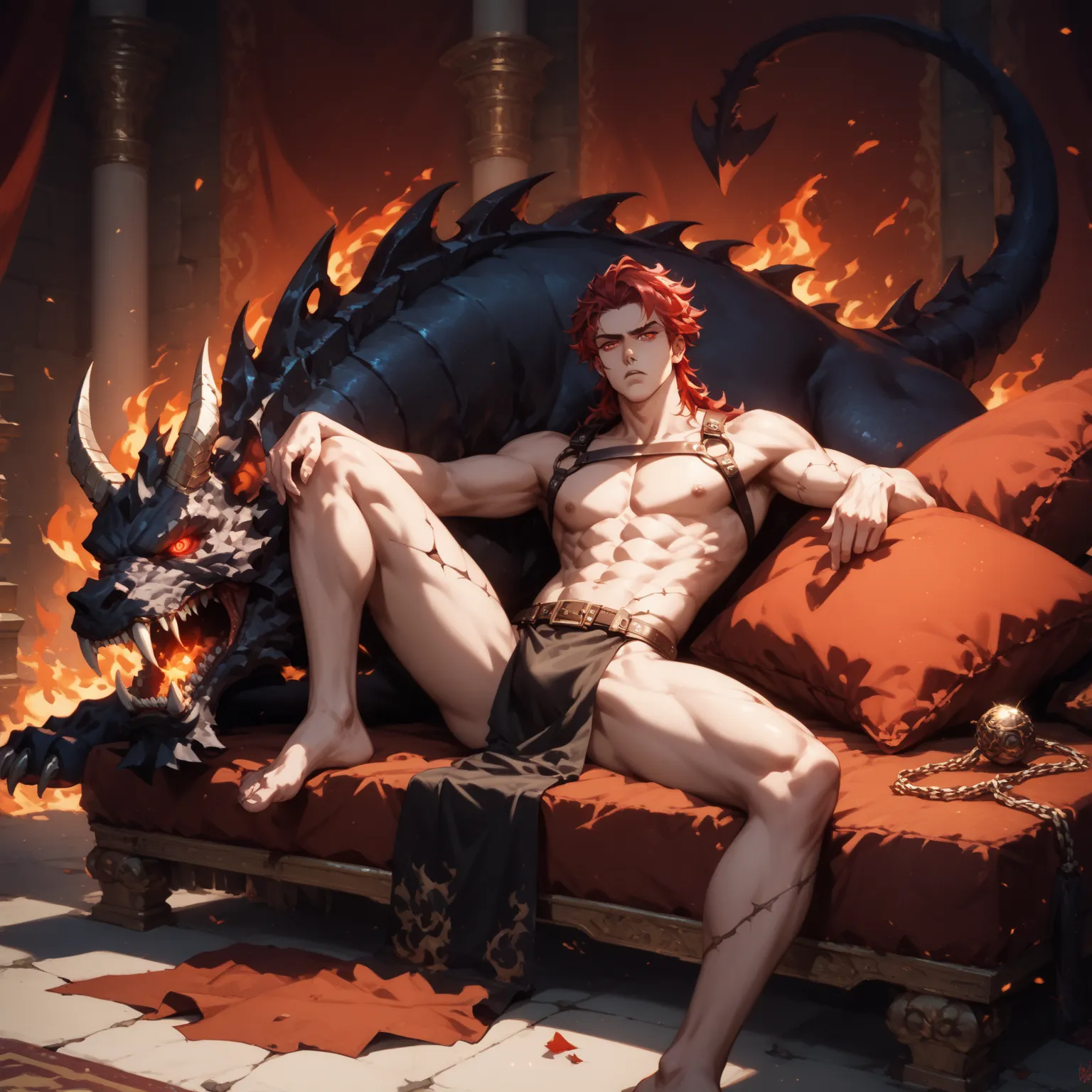 ((Oil painting style, Masterpiece)) feral vampire creature, male, cracked skin, wearing leather harness, wearing loin cloth, casual pose, red colored eyes, grim expression, square jaw, lounging on pile of pillows on ground, inside a labyrinth, fire brazier...