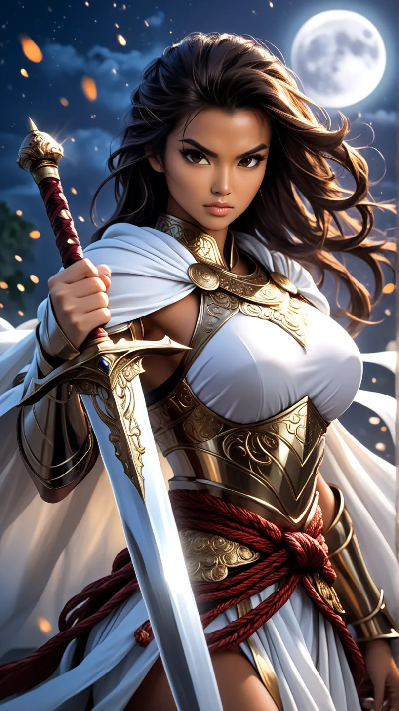 A young, tall, imposing Thai warrior woman, wearing shiny bronze armor that highlights her strong, feminine muscles. Her face is of rare beauty, with elegant features and an expression of determination and strength.
Her skin is a lightly tanned acai brown....