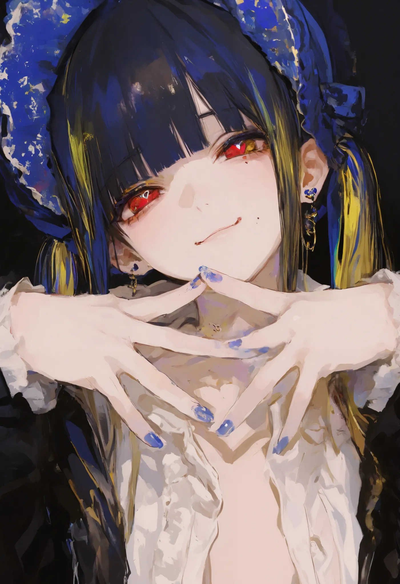 best quality, masterpiece,  748cm style , 1 girl, heart face mark, nail polish, watching viewers, red eyes, 金色のnail, closed my mouth,  black hair, golden inner color hair , upper body, smile, white shirt，open front shirt、 twin tails,  blunt bang,  jewelry,...