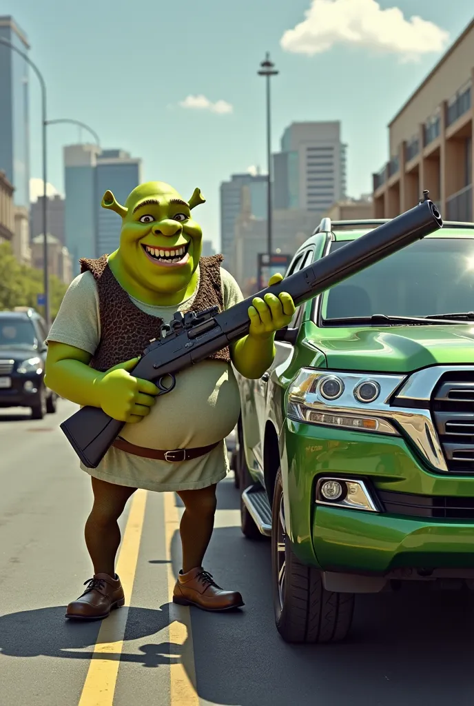 Cheerful shrek with a shotgun and next to the green SUV with the new Toyota Land Cruiser 300 2024 in Australia, Sydney, in a parking lot