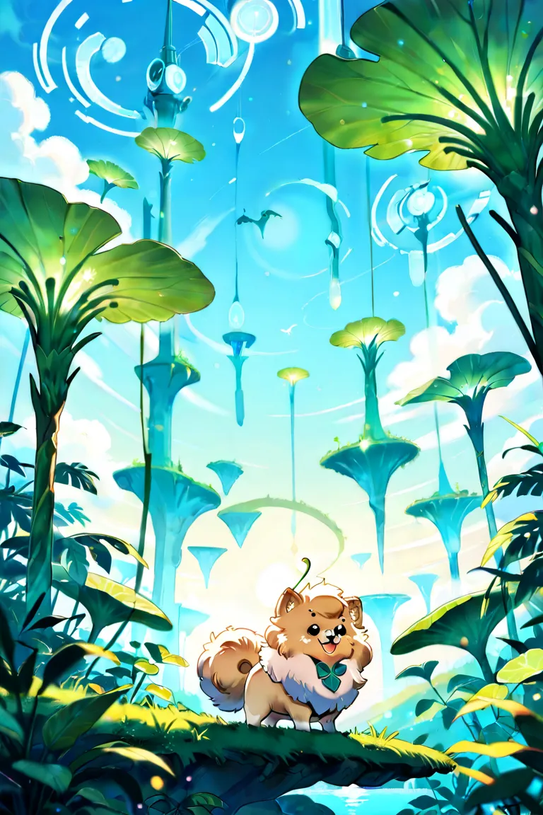 (Cute Pomeranian Journey:1.2), alien jungle with glowing plants, floating islands in the sky, The combination of an alien jungle full of glowing plants and islands floating in the sky creates a mysterious and fantastic landscape of another world., smile, b...