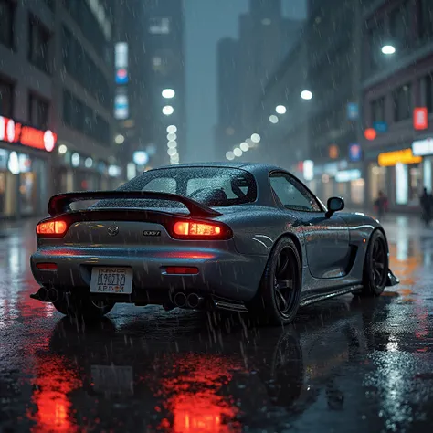 mazda rx-7 grey car rear view , city night and rain in the background, a lot of puddle 