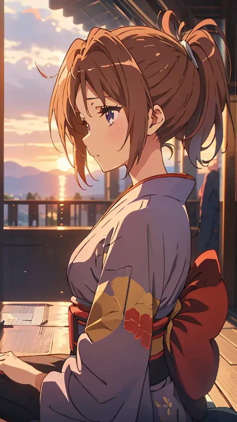 score_9_up, score_8_up, score_7_up, BREAK Source_anime, (masterpiece), (best quality), 1 girl, Alone, Reimu Hakurei (pc-98), hair bow,  kimono, long hair,  red ribbon, Hair Tube, purple hair, Blurry Background,  turn your face away,  from side, sunset, str...