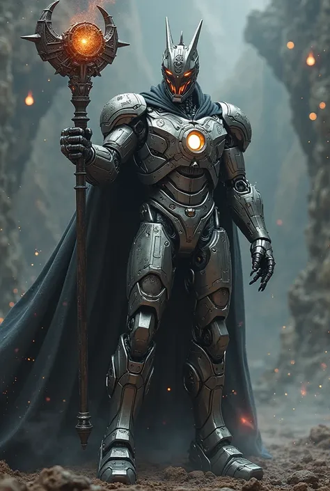 A full body shot of a ironman holding a dark scepter, dark magic, highs quality, cyborg, crown, metal, CRVStyle, sharp teeths, claws, fighting pose, cinematic shot