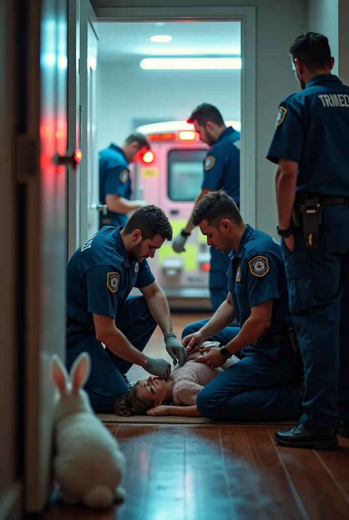 Paramedics rush into the room, their uniforms crisp and professional. One kneels beside the girl, checking her vitals, while another prepares an oxygen mask. The white bunny watches from the corner of the room, his ears twitching with concern. The scene is...