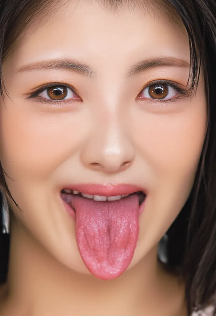 A tongue full of saliva is just the right length of tongue that doesn't catch your eyes 32k 8k super high image quality masterpiece, well-groomed face, realistic eyes, high brightness, real eyes, eyes wide open, like in a photo, focus on the face, smile, s...