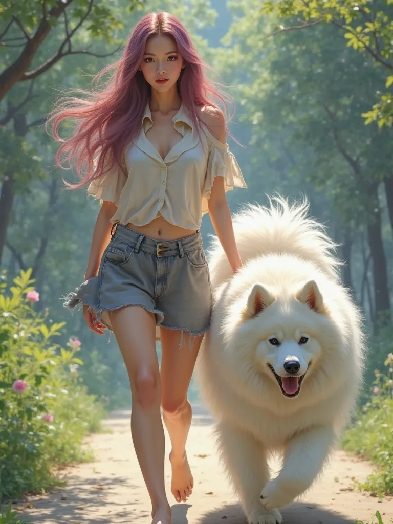 A Japanese woman walking with a white Samoyed dog, a woman with a beautiful face, a sexy woman with long, fuzzy, reddish-purple hair, and a miniskirt