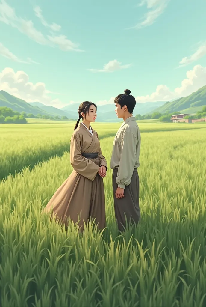 A picture of a woman dressed in peasant clothes, standing in the middle of a rice field, she stands next to a young man, both looking like a Korean.