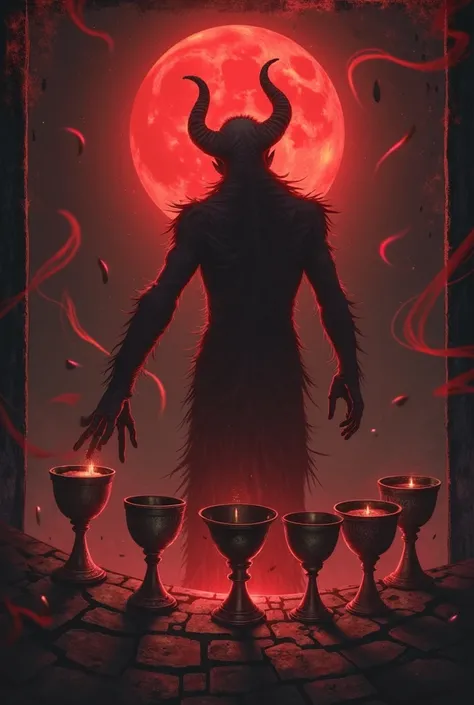 7 tarot cups, the red moon in the center of the demon chooses one of the seven cups with his back to us black background in the air red ash blurred tarot background of the night 