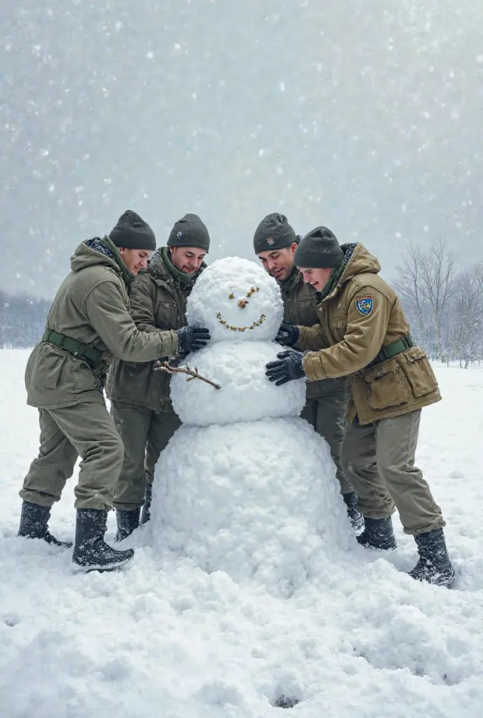 Soldiers building a snow man 