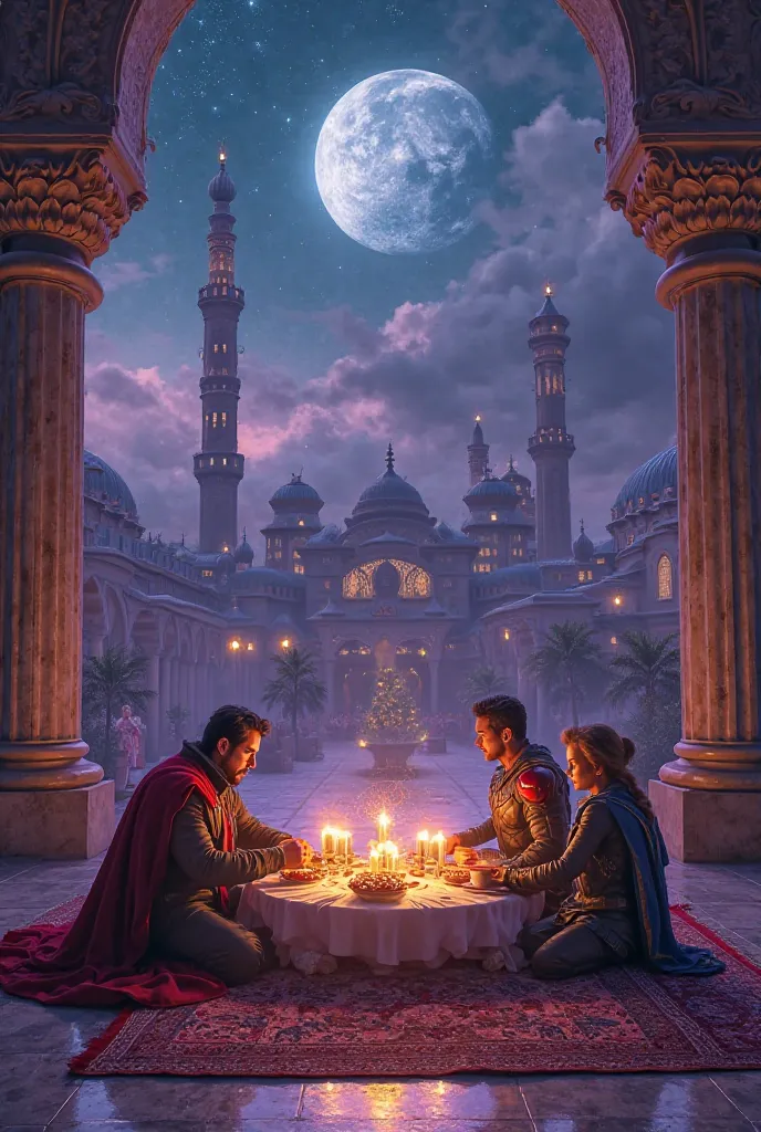 "In a surreal atmosphere, Marvel heroes (Doctor Strange, Captain Marvel, Hulk, Black Panther, and Scarlet Witch) sit on a floor mat in the mystical courtyard of a mosque in Mecca, breaking their fast under a starry sky. The table features traditional dishe...