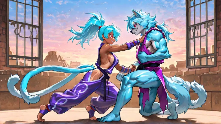 score_9, score_8_up, score_7_up, 1 male and female, fighting each other, female (Anime monkey girl, side view, torn clothes, boob window, tanned skin, high ponytail, sky blue hair, sky blue fur, wide eyes, bright eyes, red eyes, detailed eyes, mischievous ...