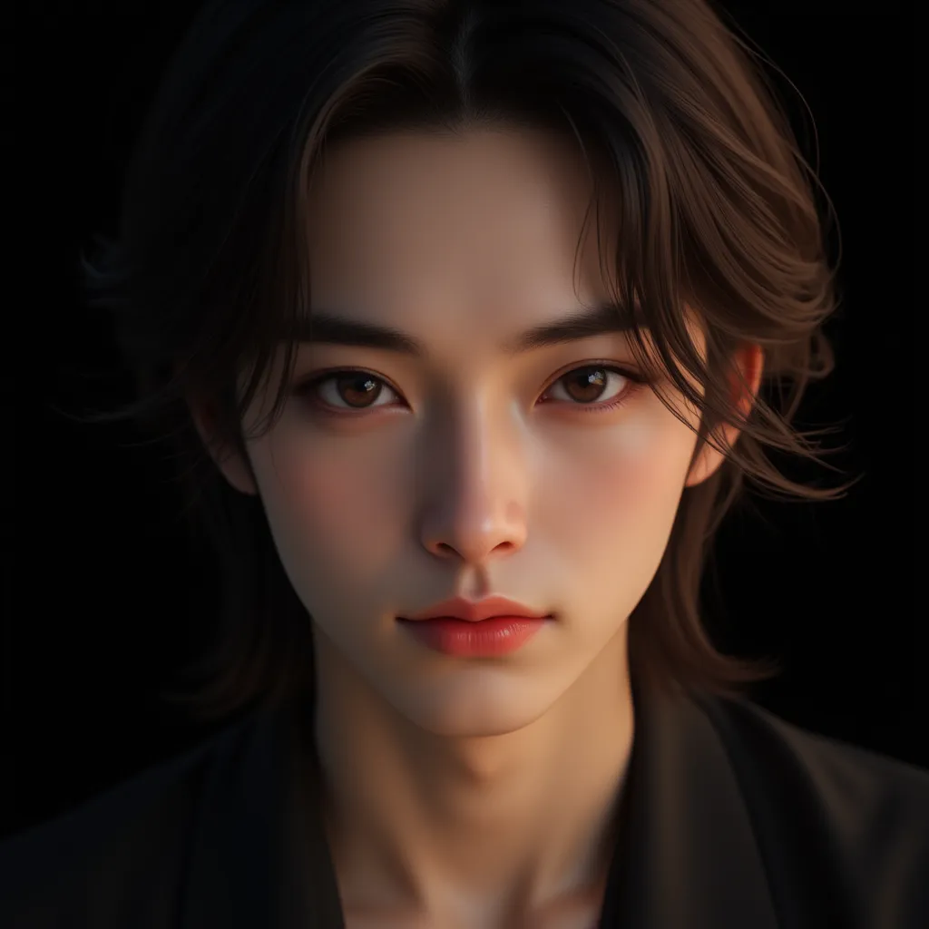 masterpiece, best quality work of art, 8k, of the highest quality, best graphic,    Beautiful eye    , beautiful sensual lip, beautiful black background , long brown hair ,Japanese man in his 20s . 