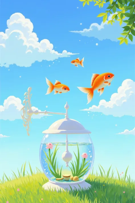 Wind chimes in a fish tank on the grass，Goldfish in the air，blue sky and white clouds