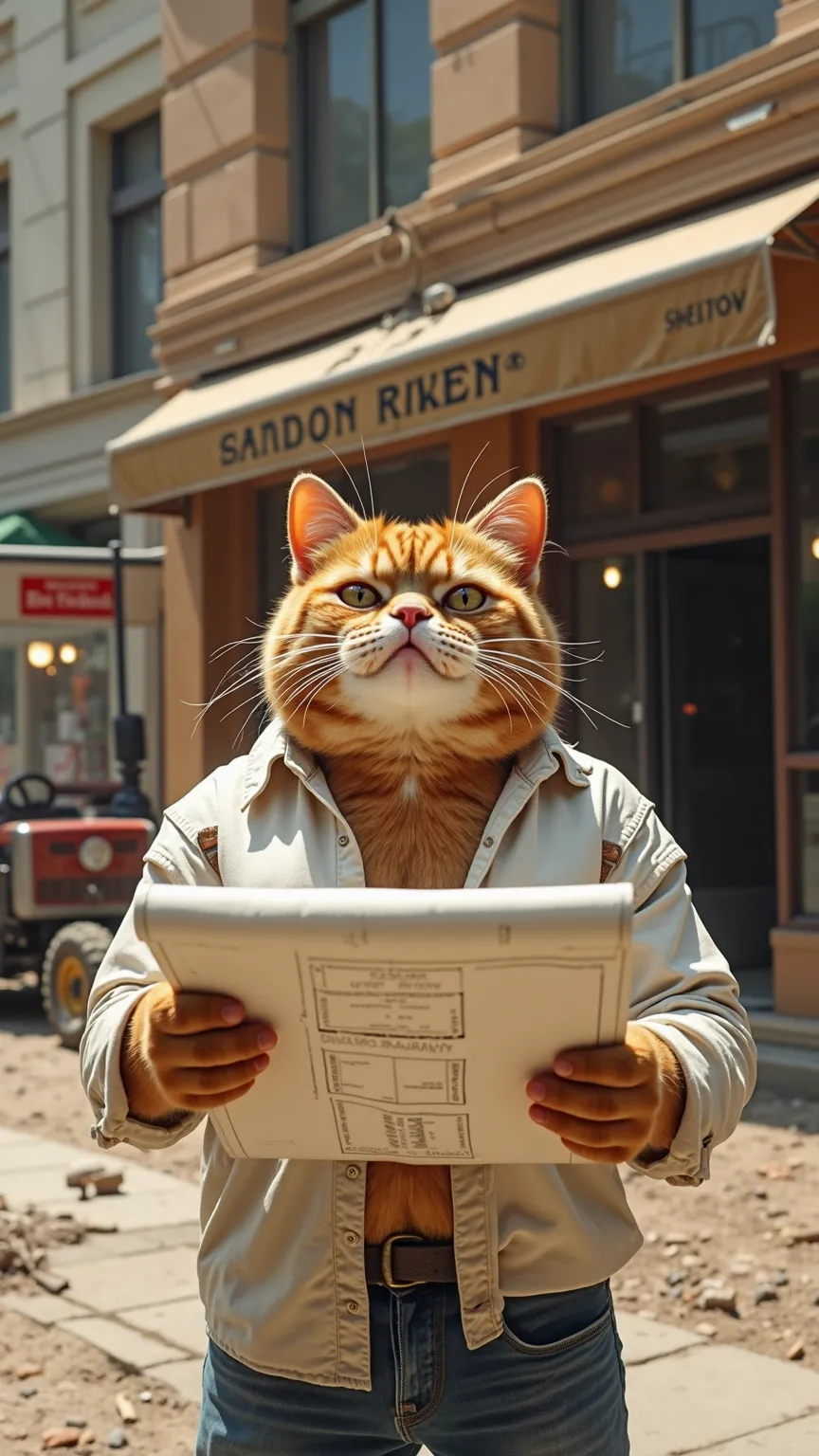 shot from across the street a of a high class super luxury brand watch and jewelry store in a mid day lit street where a realistic sad orange  cat (wearing a old dirty white shirt with openings in it) is holding large blueprints inside a construction site ...