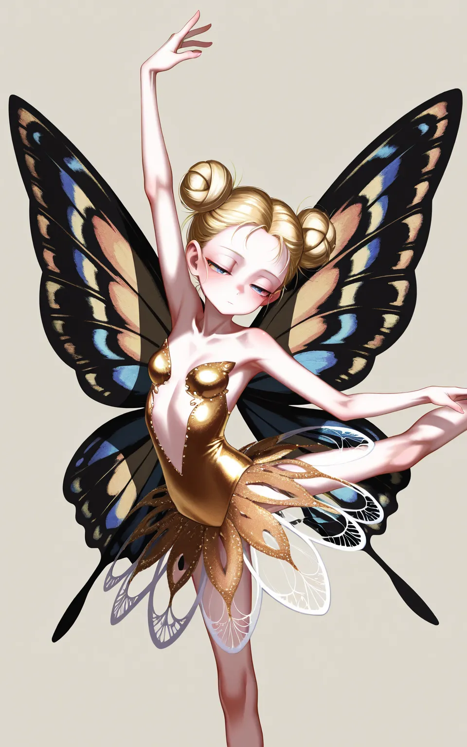 cool beauty, solo loli girl, minigirl, blonde hair, hair buns, [emaciated:1.3], small breasts, half-closed eyes, exotic fairy  motif fashion, simple background, geometric, standing on one leg, ballet dance, butterfly wings, flom side, (upper body:1.3),