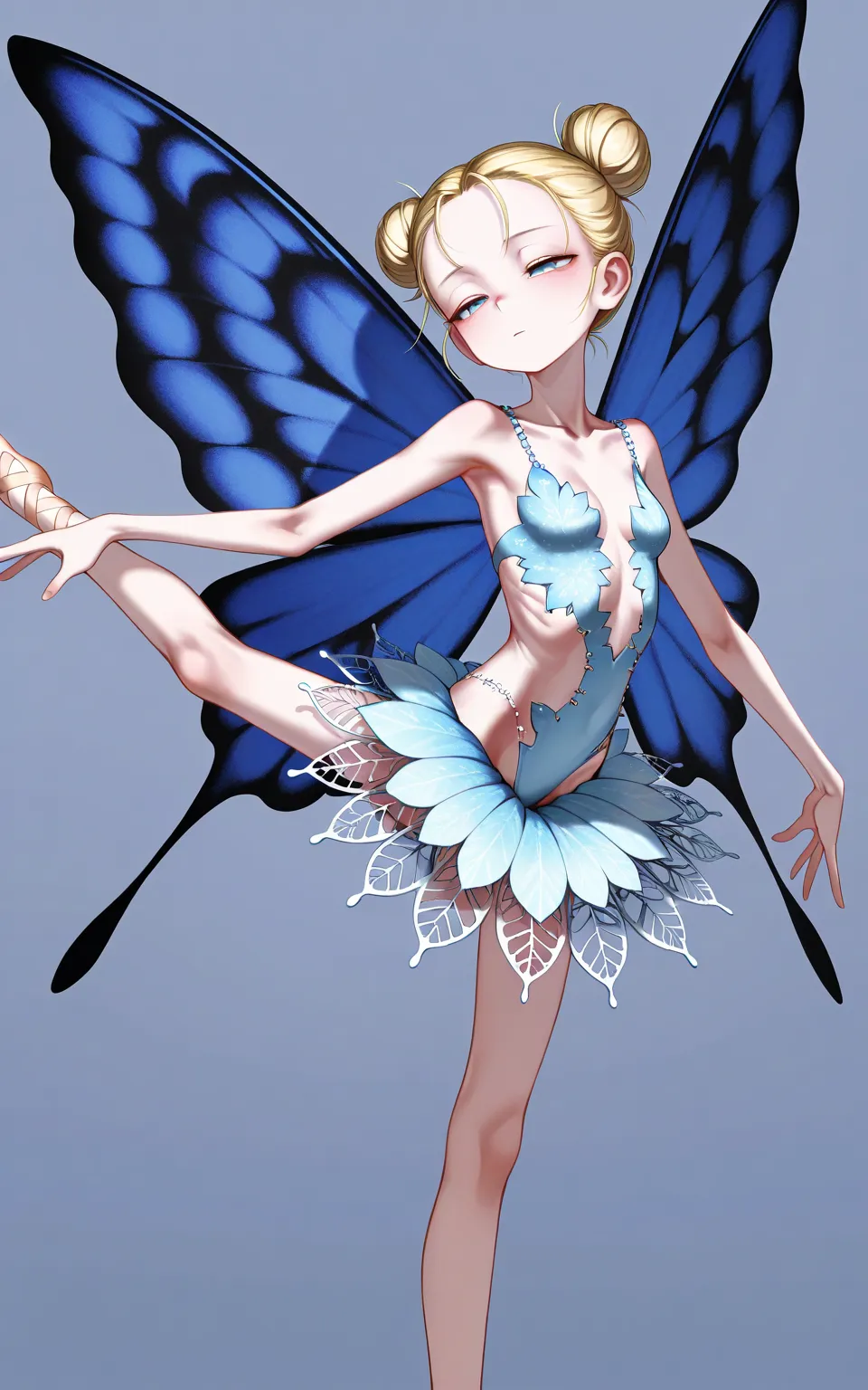 cool beauty, solo loli girl, minigirl, blonde hair, hair buns, [emaciated:1.3], small breasts, half-closed eyes, exotic fairy  motif fashion, simple background, geometric, standing on one leg, ballet dance, butterfly wings, flom side, (upper body:1.3),