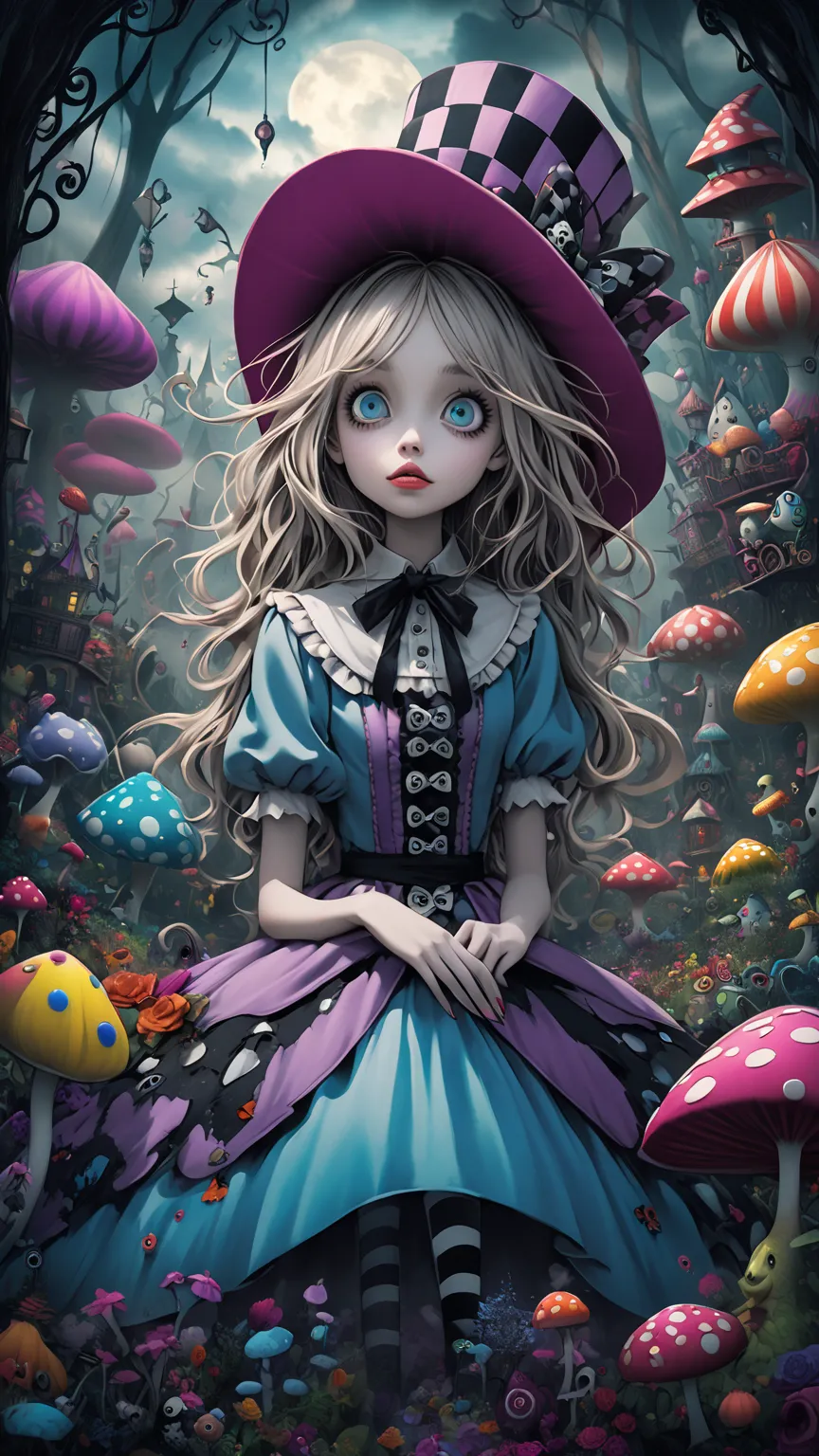 Tim Burton style、Alice wearing a Mad Hatter hat、2D illustration、