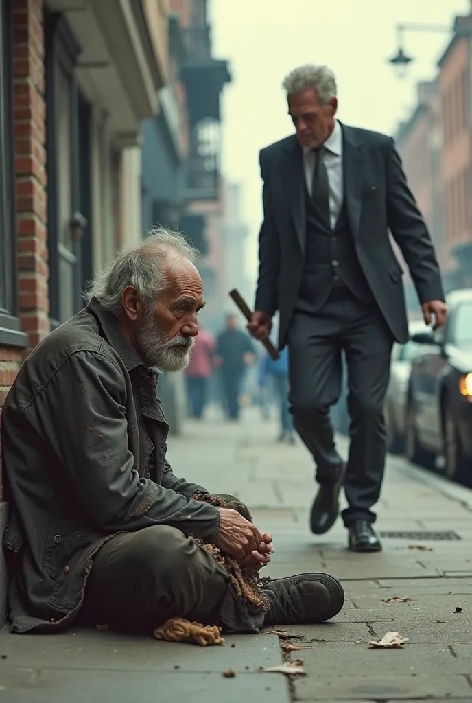 A filthy homeless man in tattered clothing sits in terror on a sidewalk in broad daylight. A wealthy man in a stylish suit charges at him, wielding an axe, his expression both cruel and determined. The scene is extremely dramatic, evoking the atmosphere of...