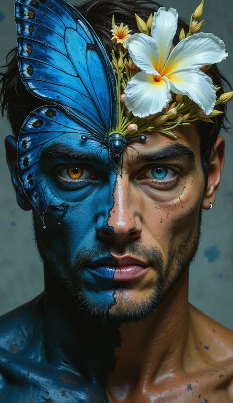 Close up photo of masculine muscular man face, half face is a painted in blue butterfly with blue hair, half face is paint in white frangipani flowers with white hair.