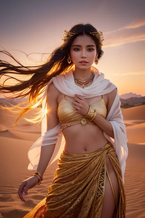 "A highly detailed and realistic depiction of an exotic and elegant desert wanderer, a mystical nomadic woman with a striking presence. She has radiant golden-brown skin, piercing amber eyes, and short magenta hair styled into a graceful topknot. Her expre...