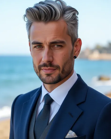 best quality, masterpiece,  Mediterranean Man, 26 years old ，Smooth chin,  Pale Skin Tone , Pointed chin, silver hair, deep eyes, Italian Mafia Suit, Male Ear Wearing Small 5mm Black Earrings,  Minimalist Design , Smooth Black Stud Earrings, Perfectly Worn...