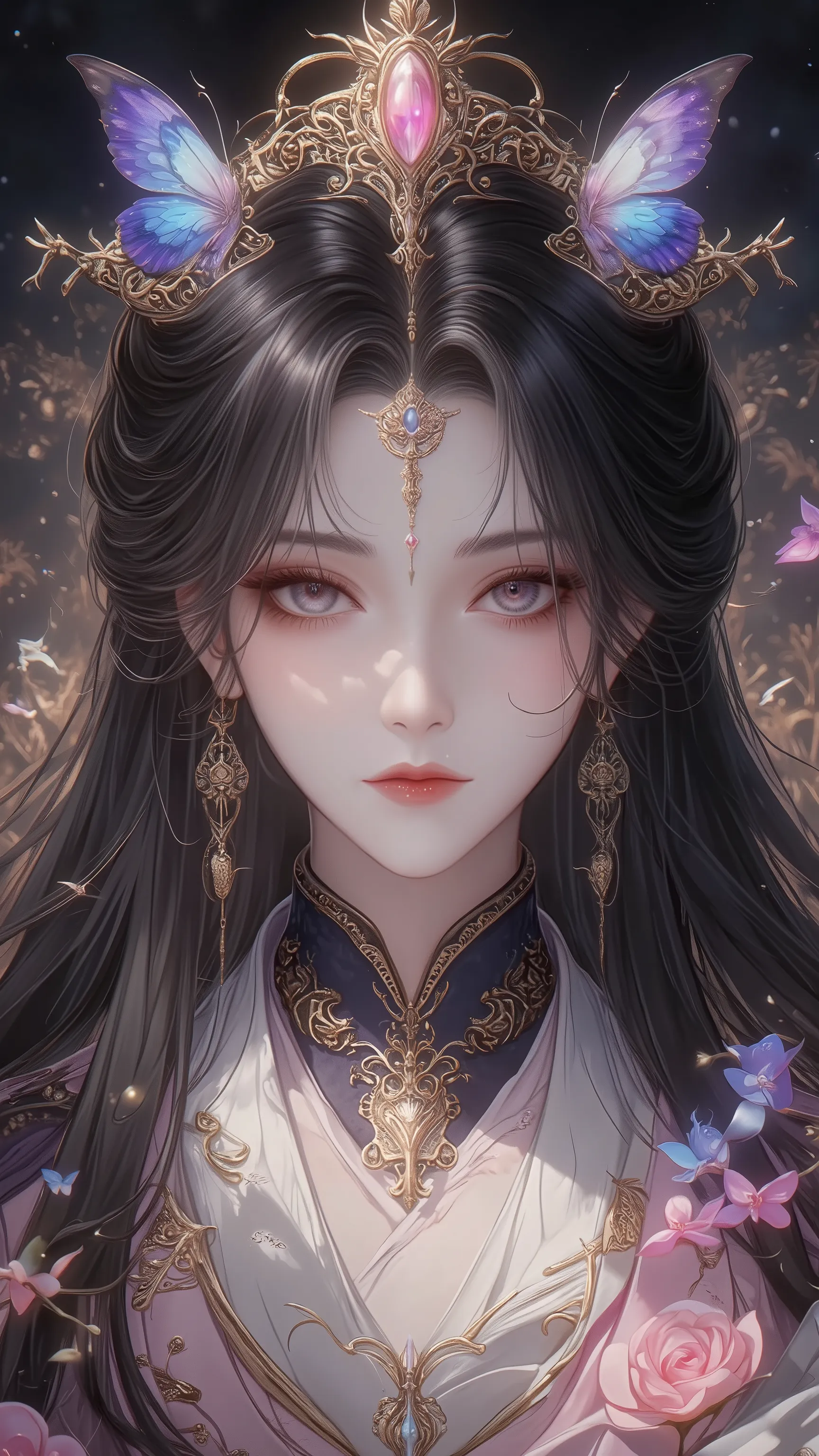 ((Best Quality)),( Ultra High Resolution ),(very well detailed),( detailed description),(( best CG )),(masterpiece), Ultra Detailed Art ,AMAZING PAINTING ART,(Art with Delicate Details:1.5),  woman:1.5, beautiful well-groomed face:1.5, soft, Crown , Throne...