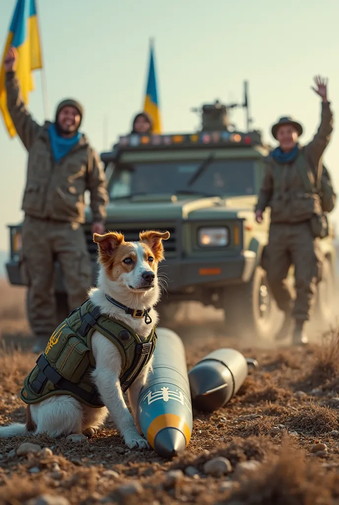 A modern winning scene in the style of photorealism, inspired by the image of the dog Patron and the Ukrainian Cossacks. In the foreground is a downed Russian missile with the inscription “gorichnik228". Next to him is an energetic Jack Russell Terrier wea...