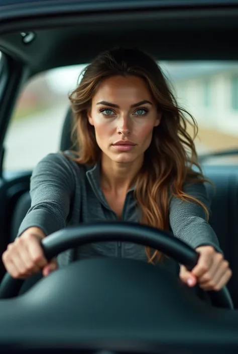 Brown-haired European woman with training pants and long sleeve jersey driving a car, In an interior view of the car. assertive and empowered, Looking in the direction of the steering wheel. .