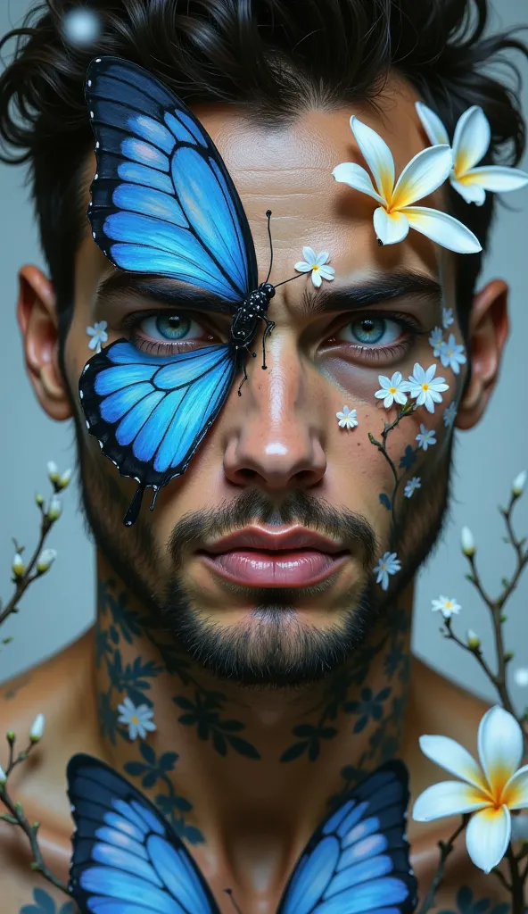 Close up photo of masculine muscular man face, half face is a painted in blue butterfly with blue hair, half face is paint in white frangipani flowers with white hair.