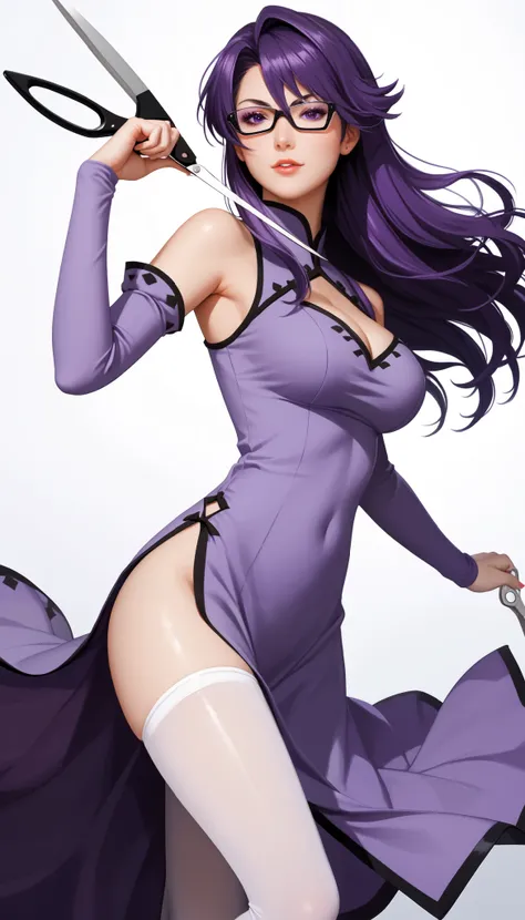 holding a very big scissors, fighting stance with the scissors, sheele from akame ga kill!, sheele, agksheele glasses, purple dress, china dress, cleavage cutout, side slit, detached sleeves, white thighhighs, bare shoulders, sexy, mature, 18 years old, se...