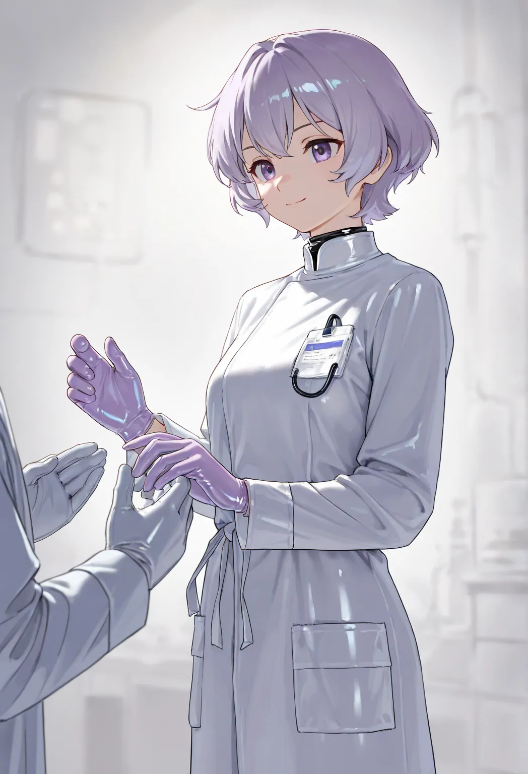 one girl, ish, smiling slightly, ((light purple gloves)), ((Sterilizer gloves)), (( latex gloves )), Open her both hands, The total number of fingers on both hands is 5, Other clothing is not made of latex, ((Doctor Clothes )), ((Long Sleeve )), One person...