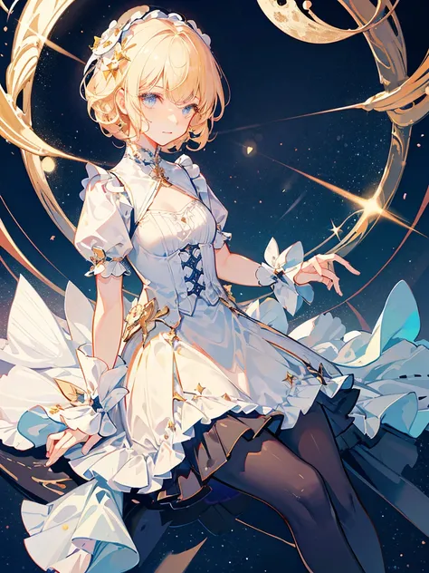 Full of stars, moon, beautiful sky, girl, blonde, short, curly hair, short hair, white dress, skirt with lots of frills, the background is space, the whole body, night sky, the stars, everything from head to foot, all gorgeous backgrounds