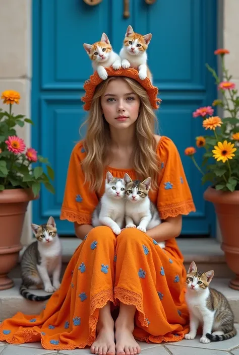 a beautiful young beautiful girl wearing orange bohemian style lace clothes with blue paw embroidery is sitting in front of the stairs with colorful flowers in stylish pots on the right and left in front of the blue door, there are 5 kittens, one on the gi...